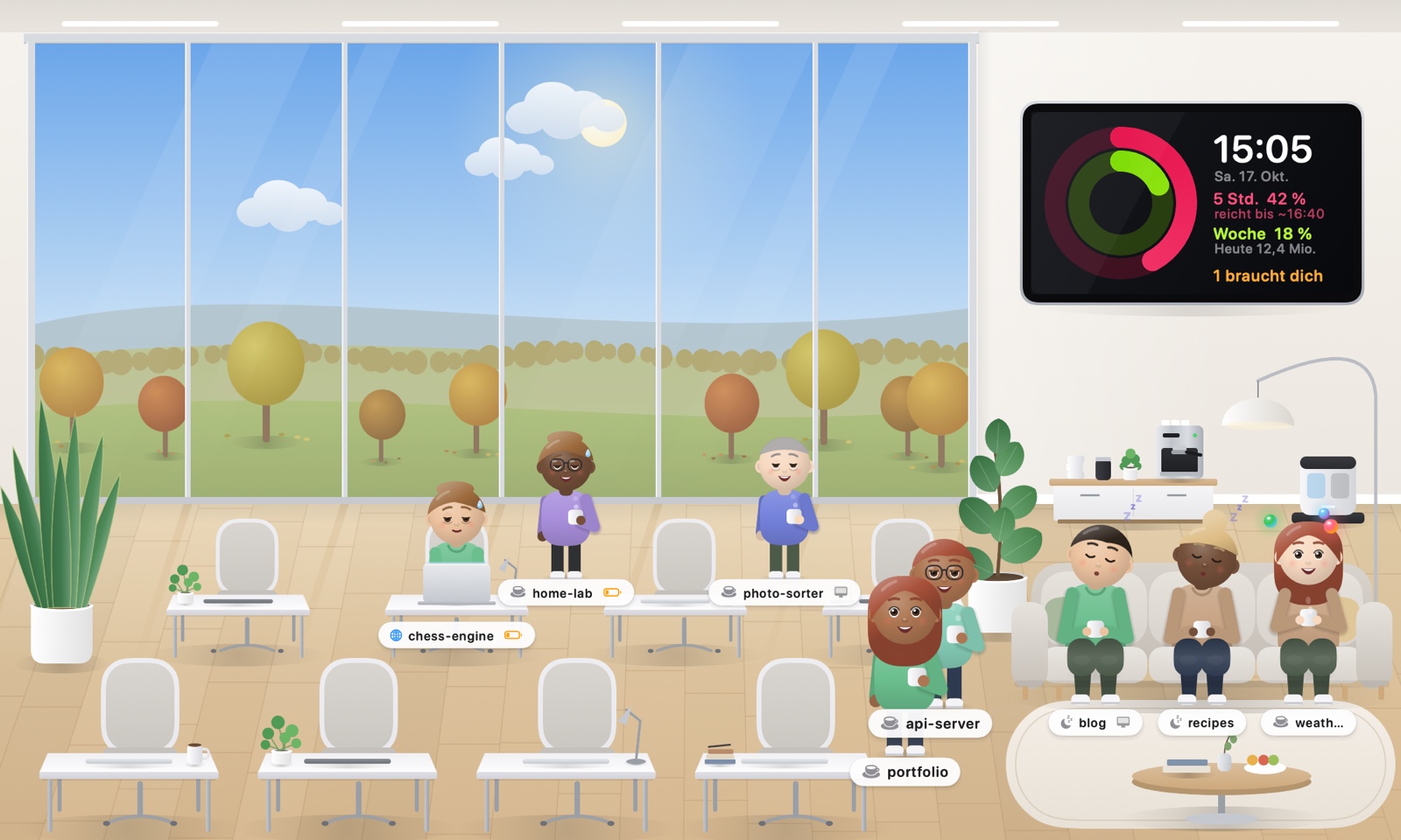 Idle sessions sitting together on the sofa in the lounge while others keep working at their desks, German interface.