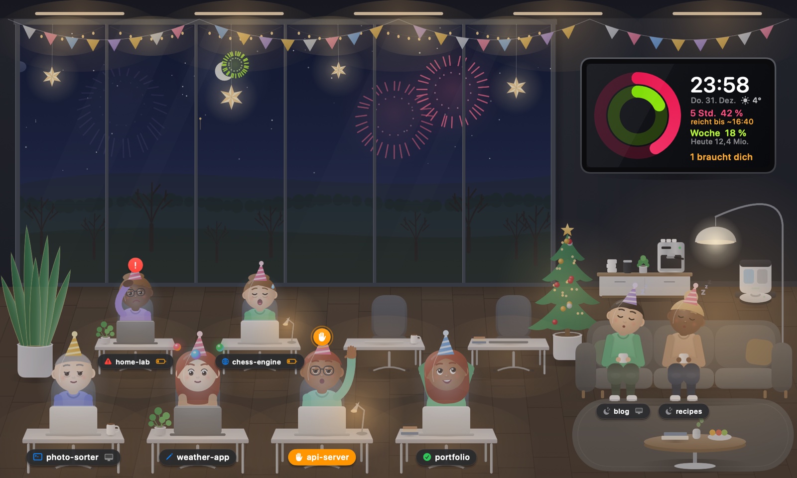 New Year's Eve: fireworks behind the glass and party hats on the characters, German interface.