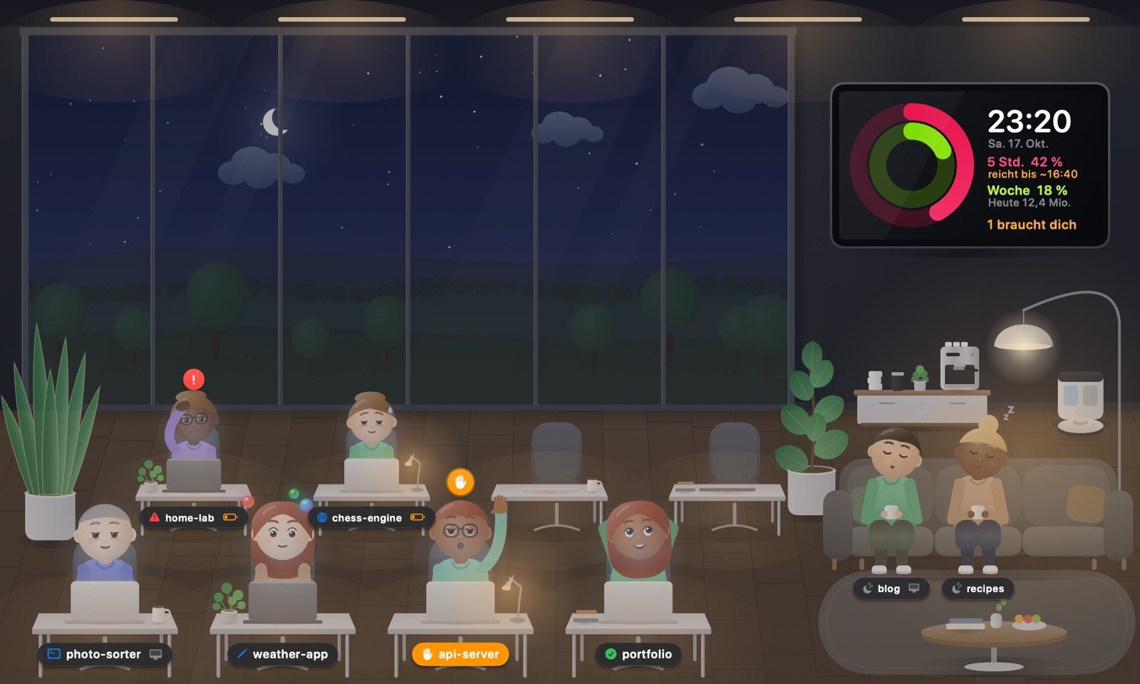 The office at night, German interface: warm desk lamps, a dark sky with stars behind the glass, the robot vacuum docked at its charging station.