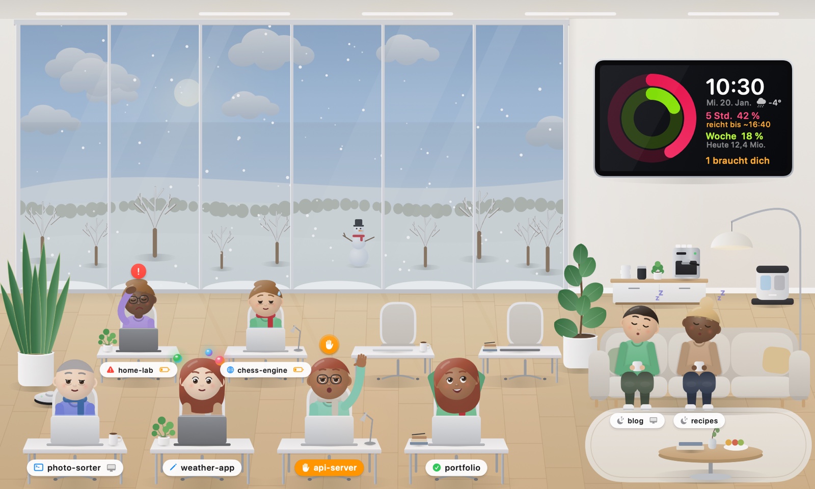 Snow settling on the hills outside, characters wearing scarves inside, German interface.