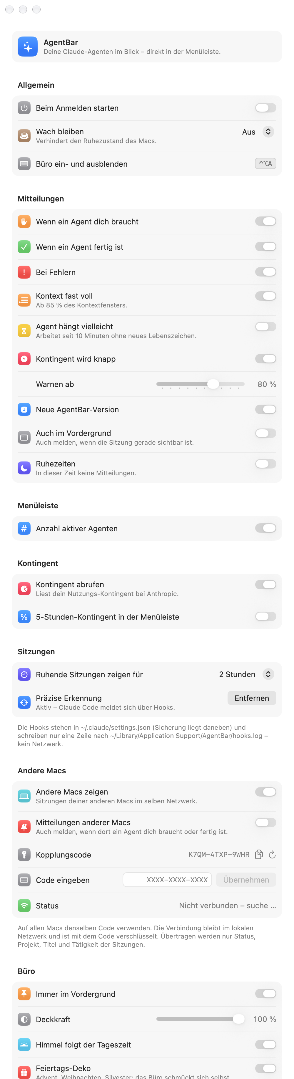 AgentBar settings in German, Other Macs section: show other Macs, notifications from other Macs, pairing code, code entry and connection status, followed by the office options.