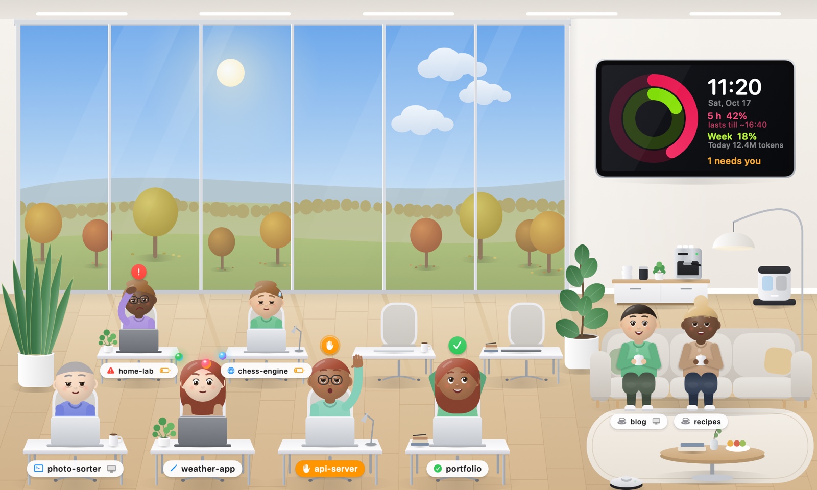 The AgentBar office by day: six Claude sessions as characters at their desks behind a glass front, one raising a hand, usage rings on the wall display.