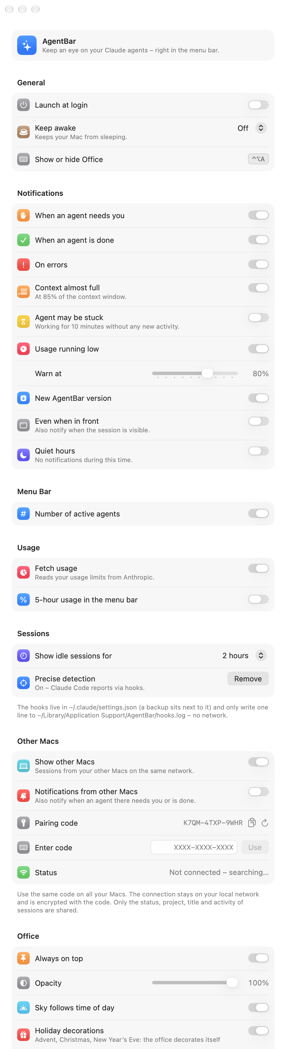AgentBar settings, Other Macs section: show other Macs, notifications from other Macs, pairing code, code entry and connection status, followed by the office options.