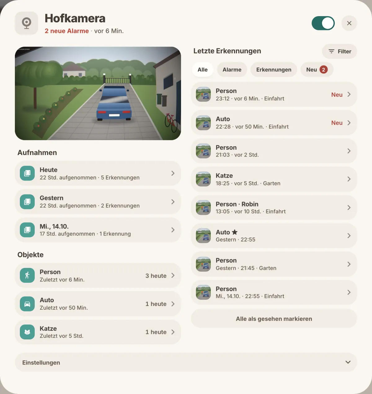 The Frigate popup: live view, alerts with clips and the recordings timeline.