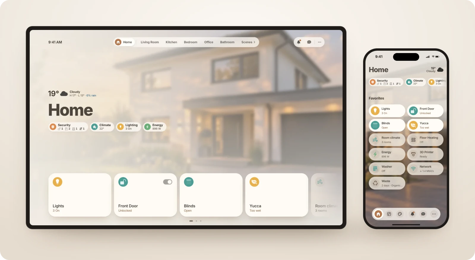 Casora on a desktop display and a phone, side by side: the home view with a house photo, clock, weather and status badges above a row of device tiles, and the phone layout with favourite tiles.