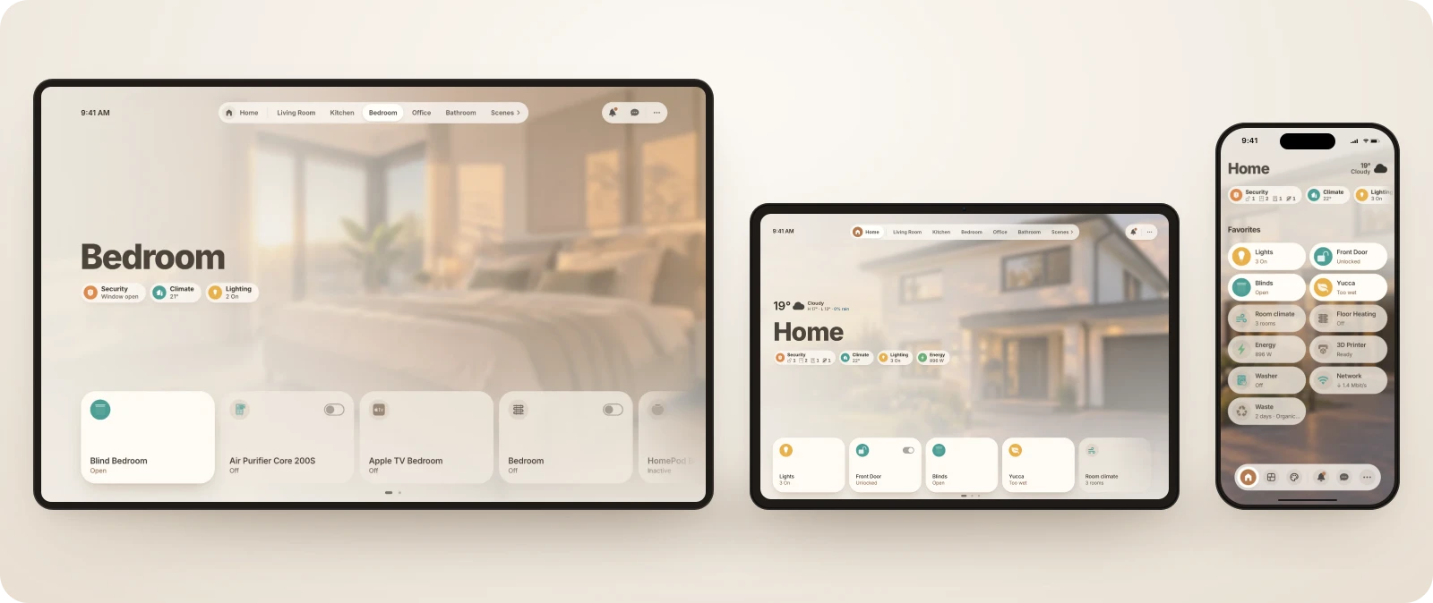 Casora on three screens side by side: a bedroom on a desktop display, the home view on a wall tablet and the phone layout.