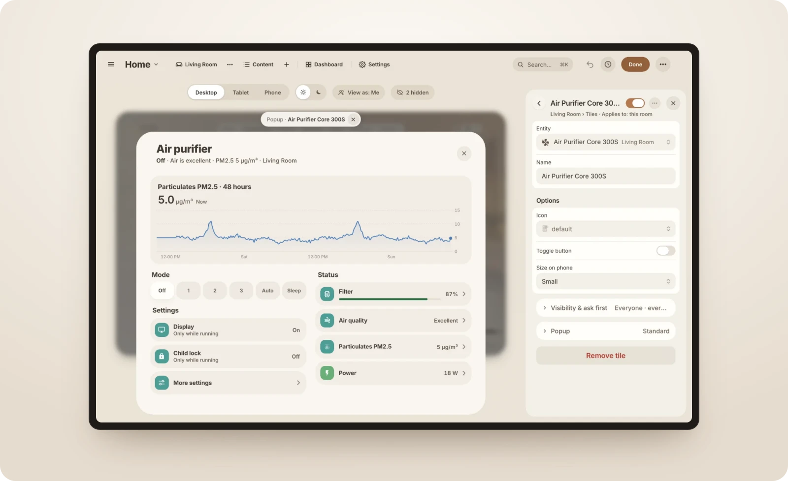 Casora Studio on a desktop display: the tile editor next to a live preview of the dashboard and the tile's popup.