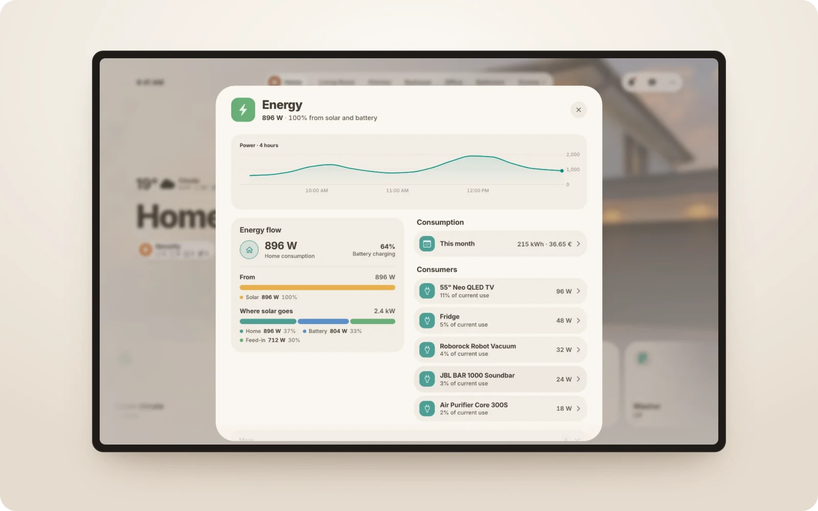 The energy popup: power right now, where it comes from, and the biggest consumers.