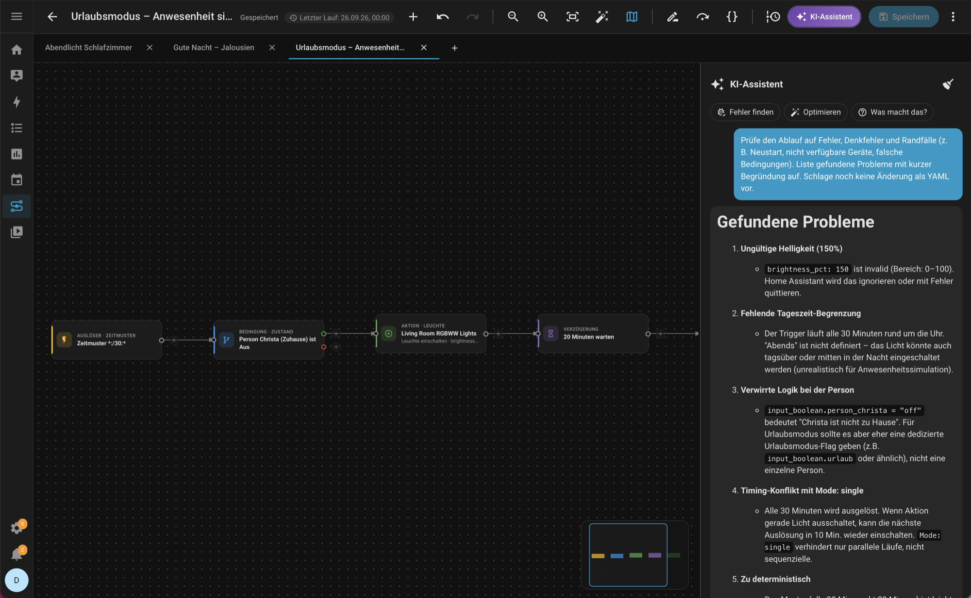 The AI assistant lists problems it found in the open flow.