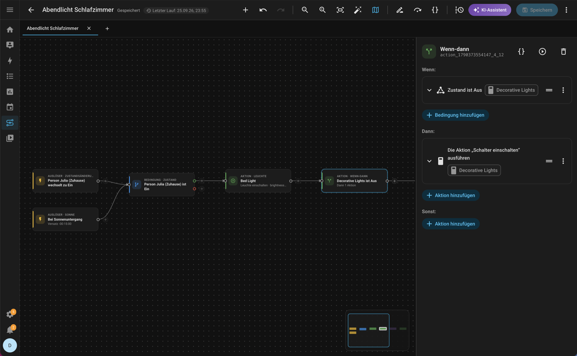 FLODE inside Home Assistant: a flow with two triggers, a condition and actions; the selected If-then block is edited with Home Assistant's own editor on the right.