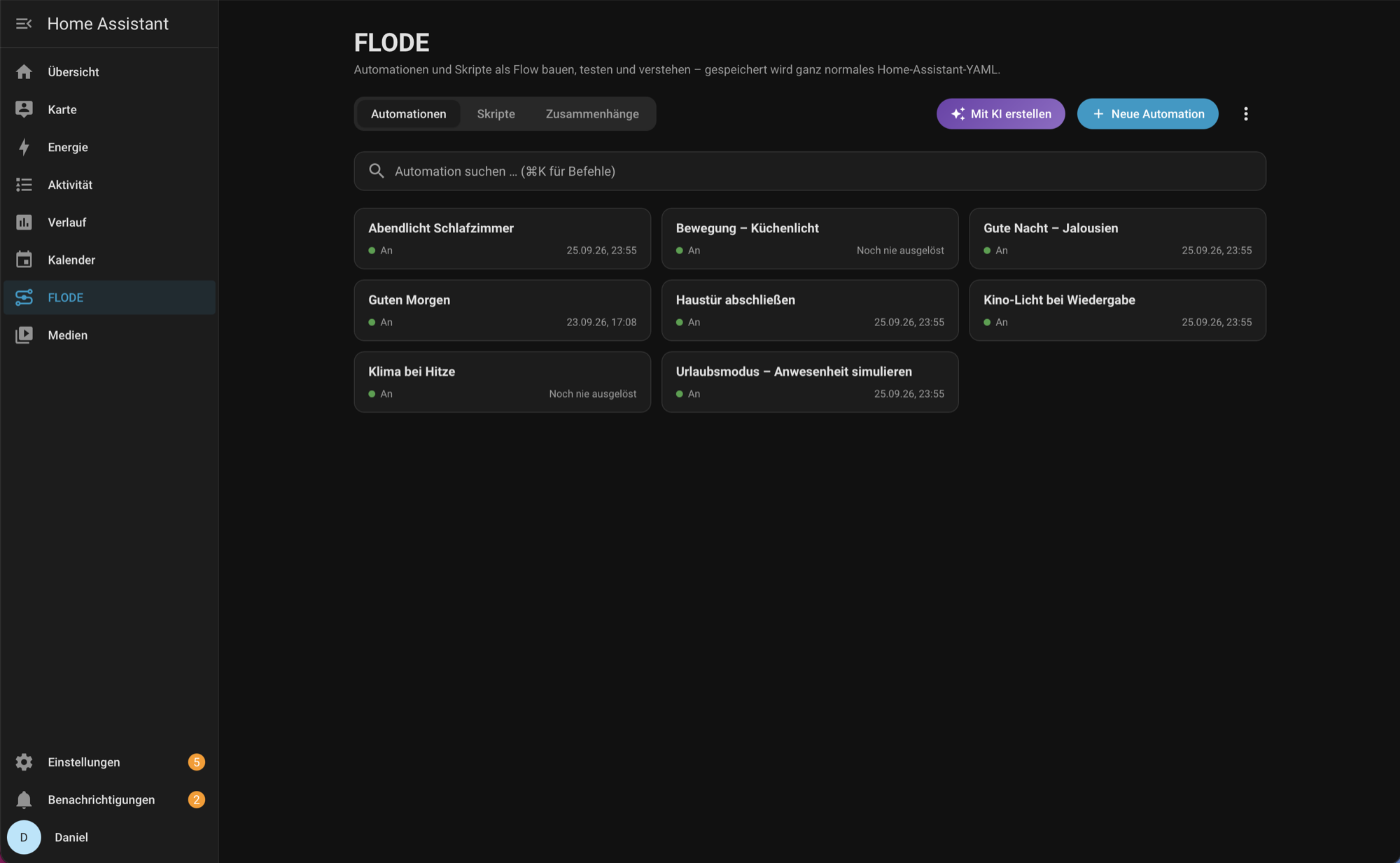 FLODE start screen inside Home Assistant with automations, scripts and relations.