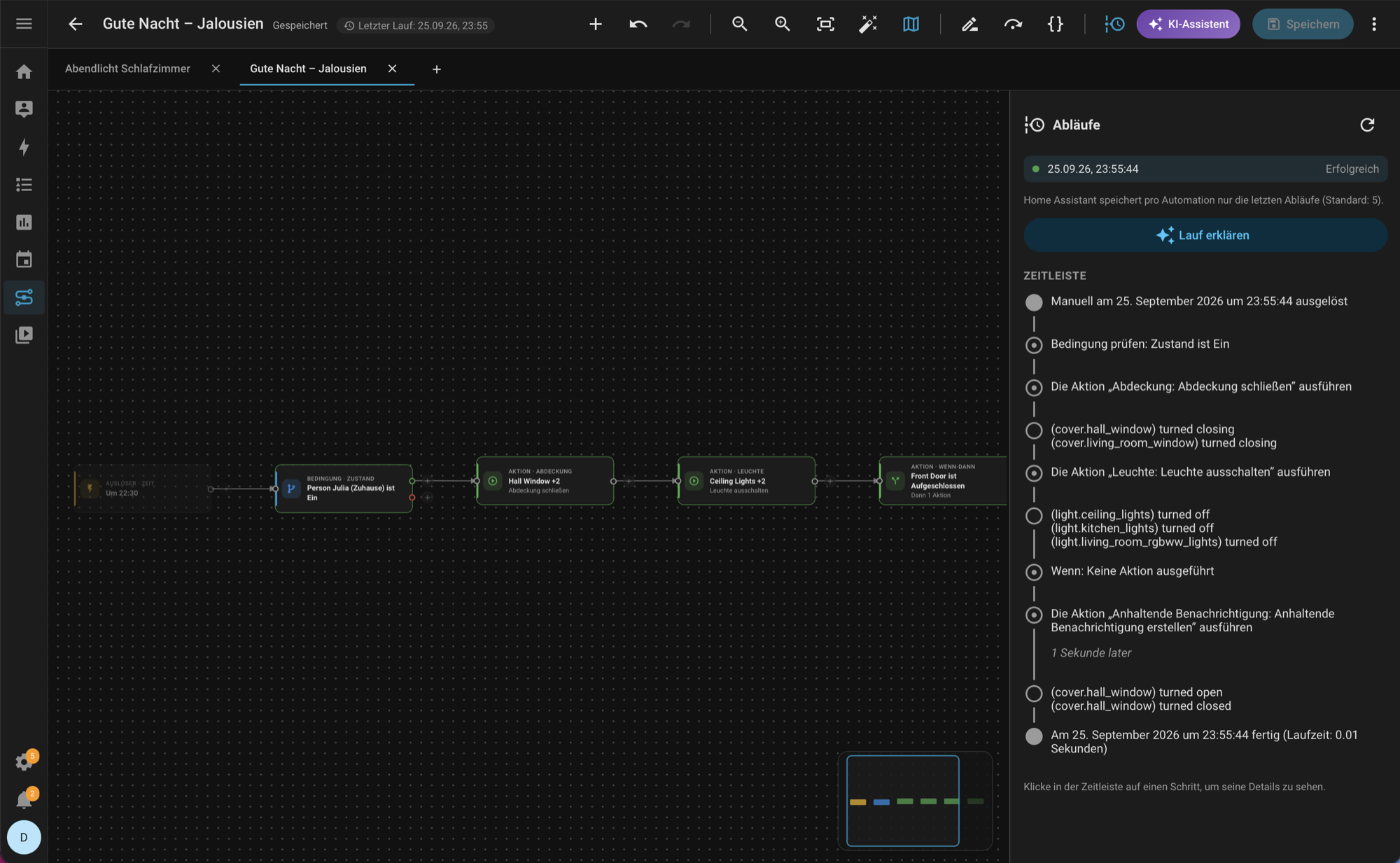 A real run of an automation: Home Assistant's trace timeline on the right, the steps that ran highlighted on the canvas.