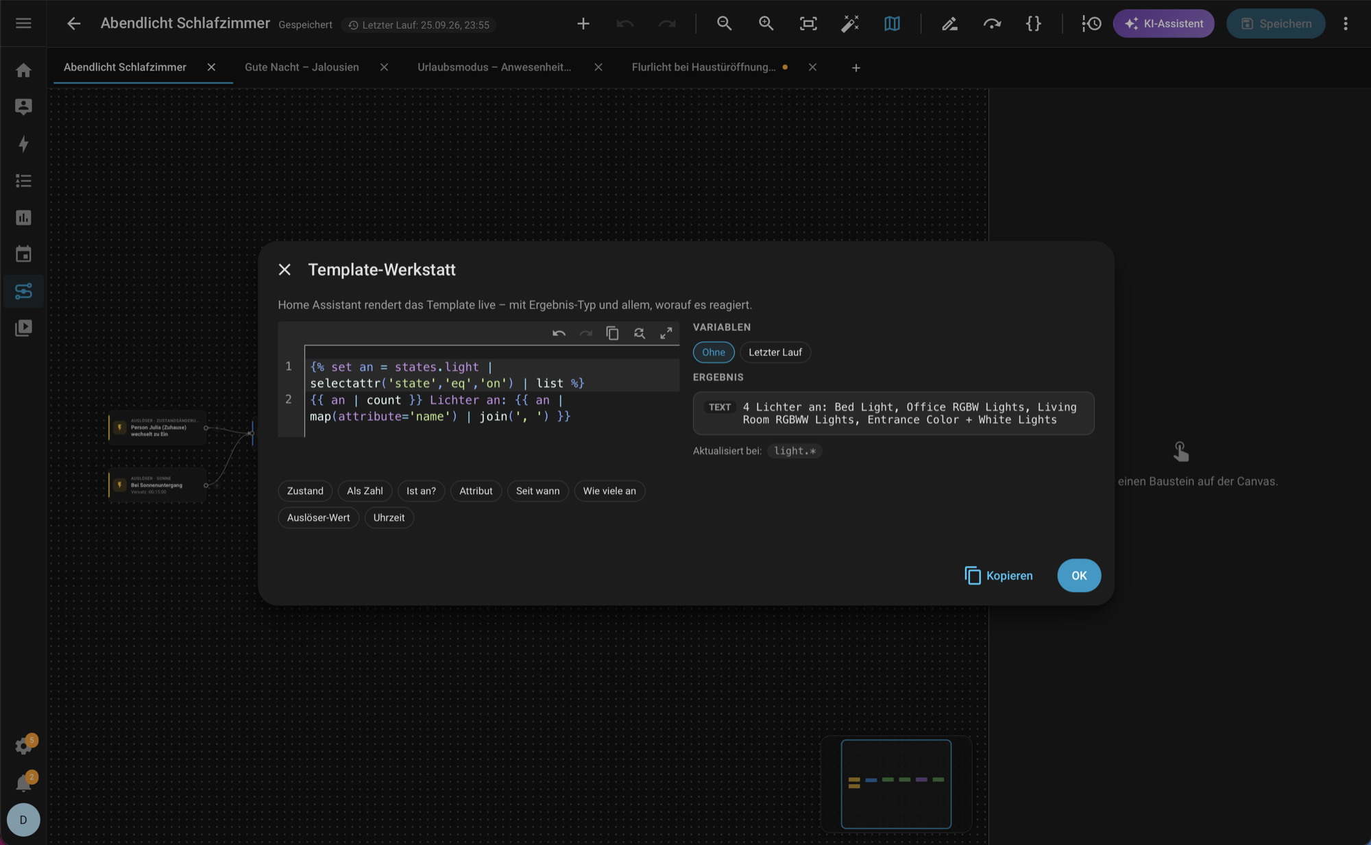 Template workshop with a live-rendered result.