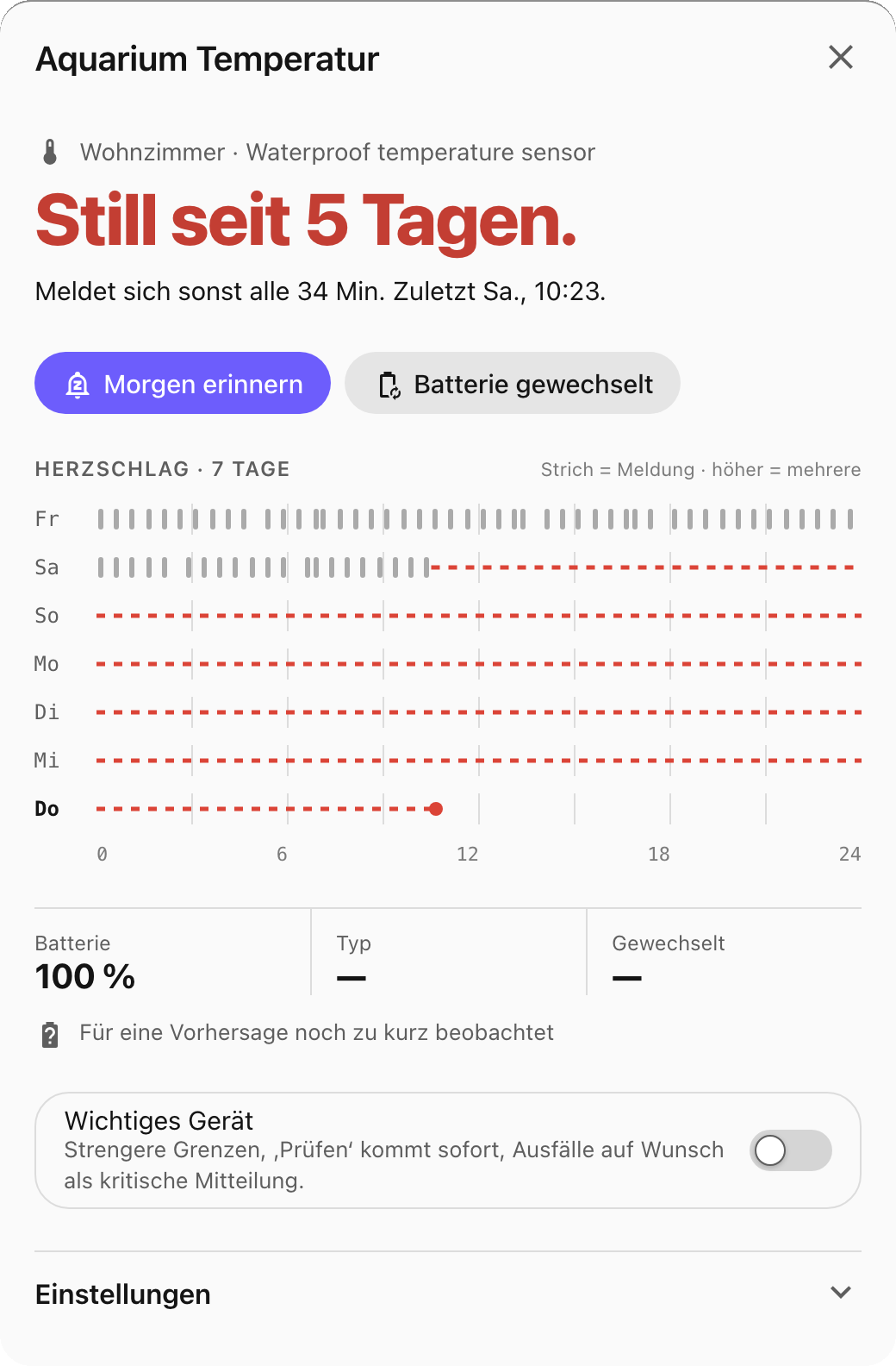 Device detail in German: the headline Silent for 5 days, the buttons Remind tomorrow and Battery replaced, a heartbeat calendar with one row per day, and the battery with its forecast status.