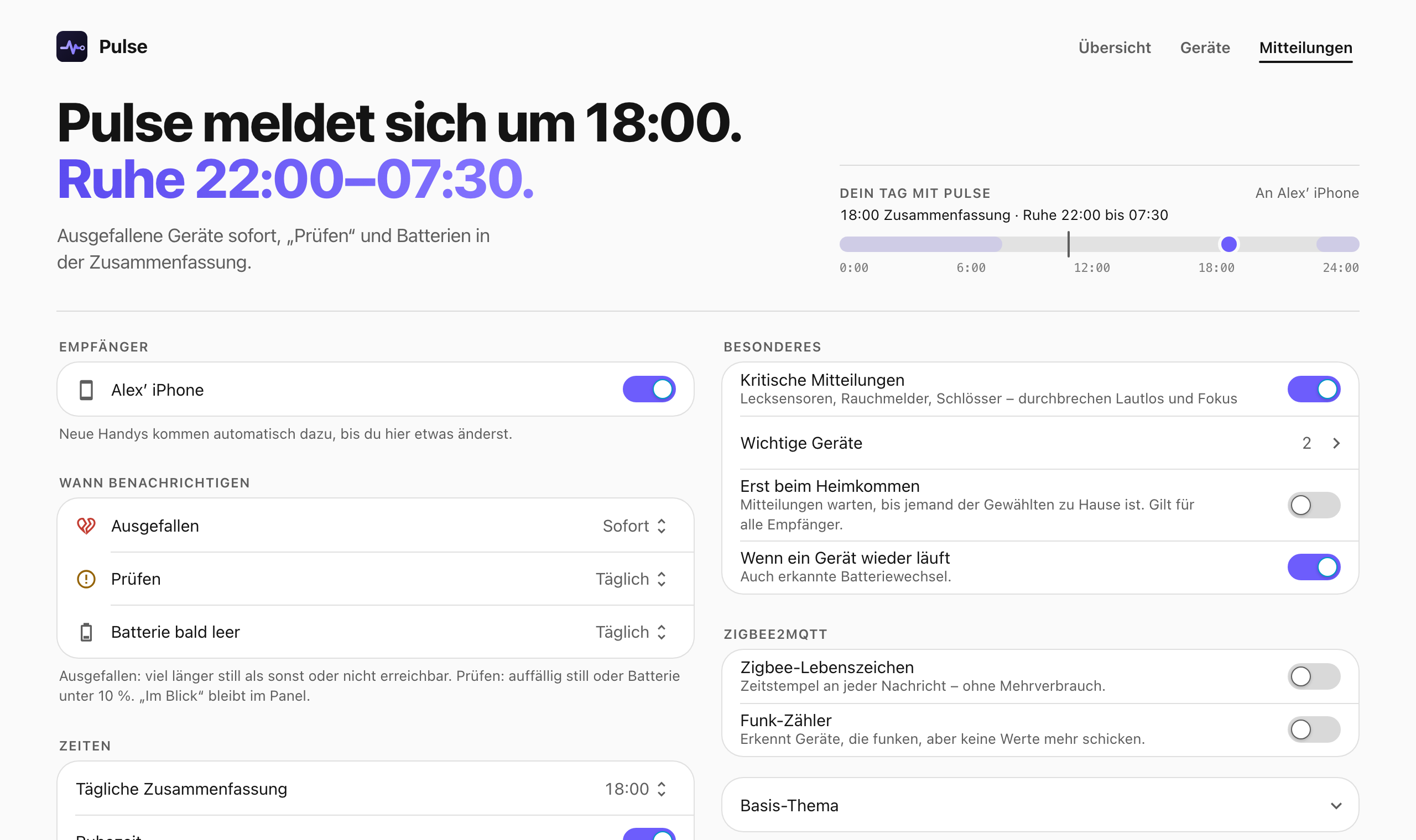 Notification settings in German: recipients, the levels Failed, Check and Battery with Right away or Daily, times for the daily summary and quiet hours, critical alerts, only when someone is home.