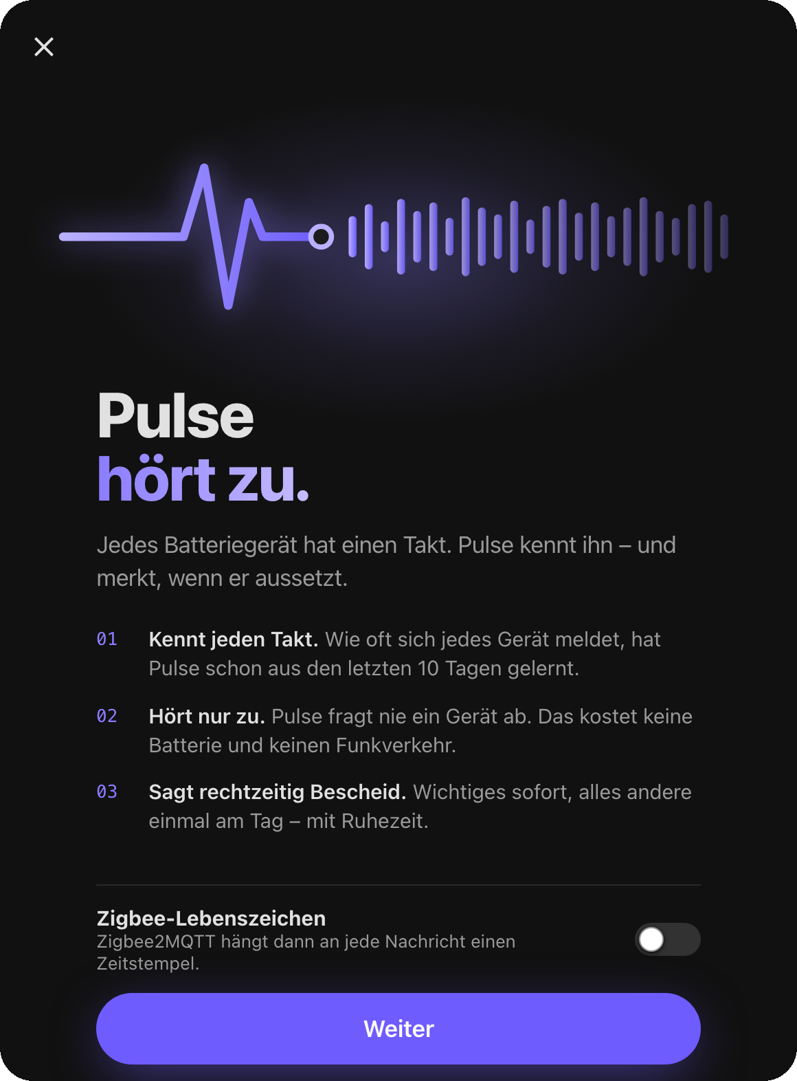 The welcome sheet in German: Pulse listens. Knows every rhythm, only listens, tells you in time, and a switch for Zigbee signs of life.