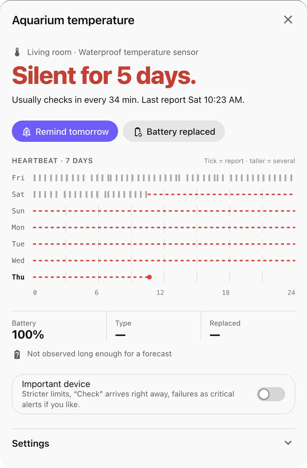 Device detail: the headline Silent for 5 days, the buttons Remind tomorrow and Battery replaced, a heartbeat calendar with one row per day, and the battery with its forecast status.