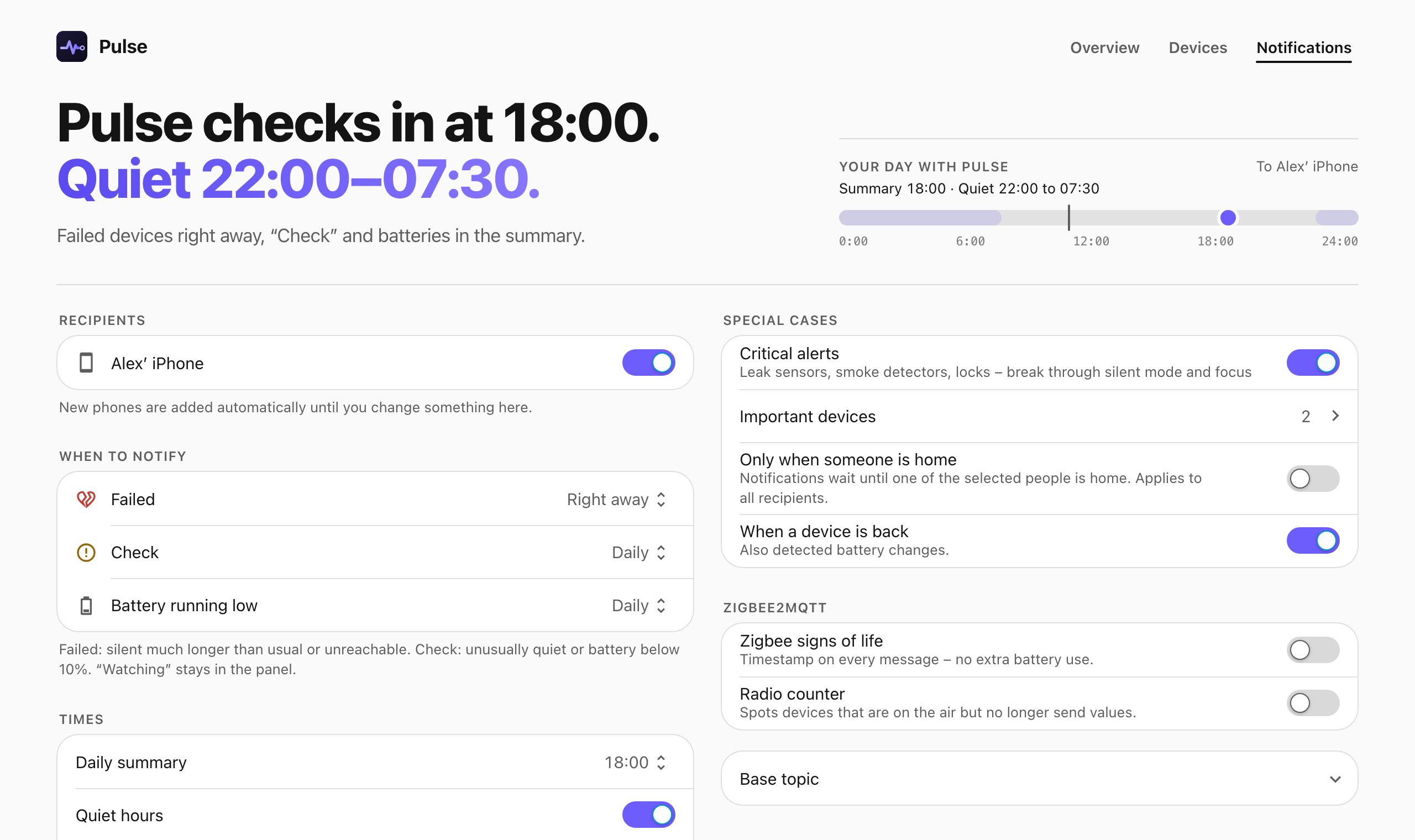 Notification settings: recipients, the levels Failed, Check and Battery with Right away or Daily, times for the daily summary and quiet hours, critical alerts, only when someone is home.